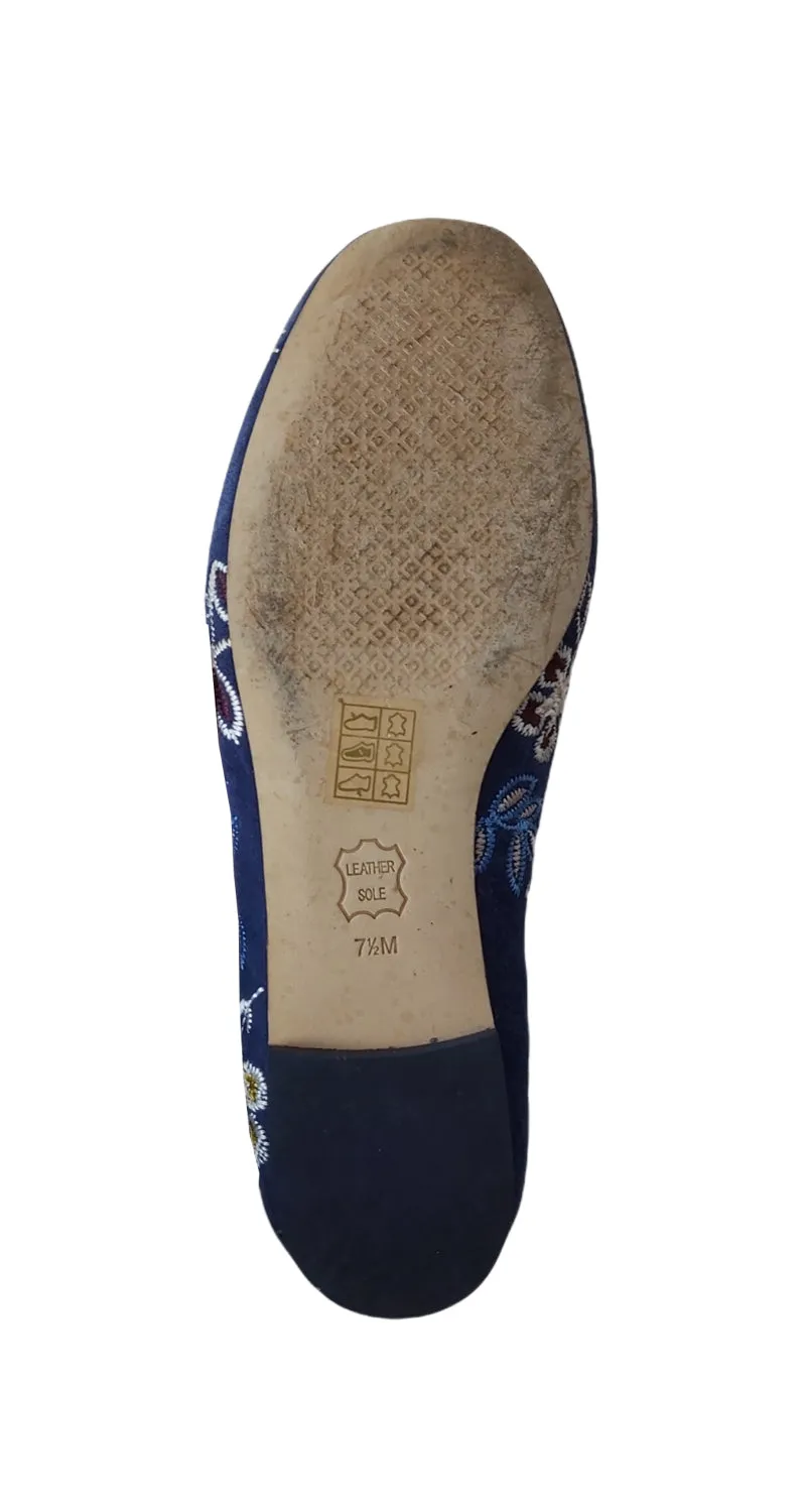 TORY BURCH Blue Embroidered Floral Suede Smoking Slipper Flats