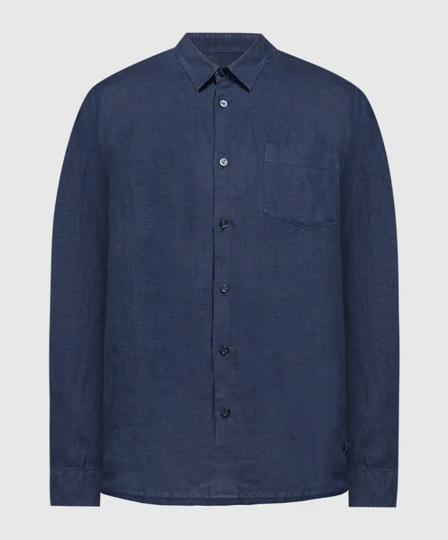 Vilebrequin Blue linen shirt with logo embroidery