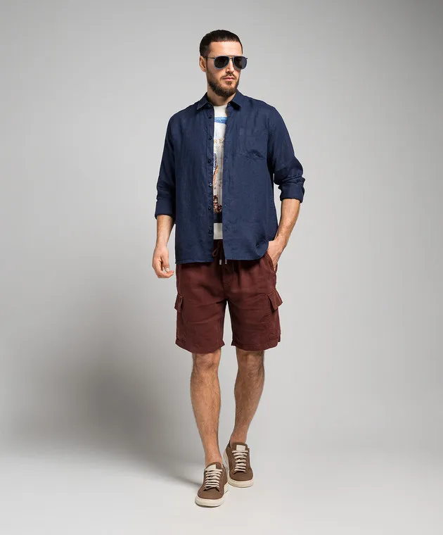 Vilebrequin Blue linen shirt with logo embroidery