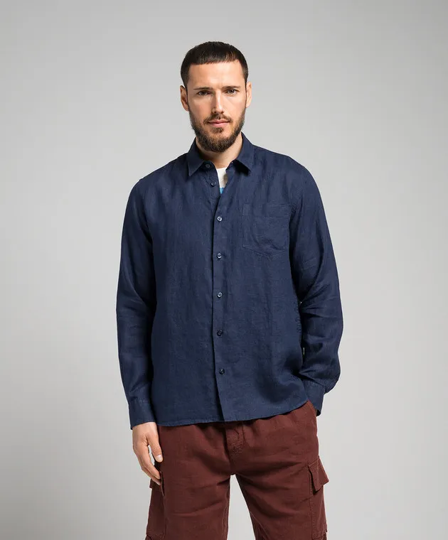 Vilebrequin Blue linen shirt with logo embroidery