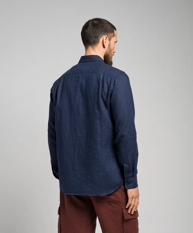 Vilebrequin Blue linen shirt with logo embroidery