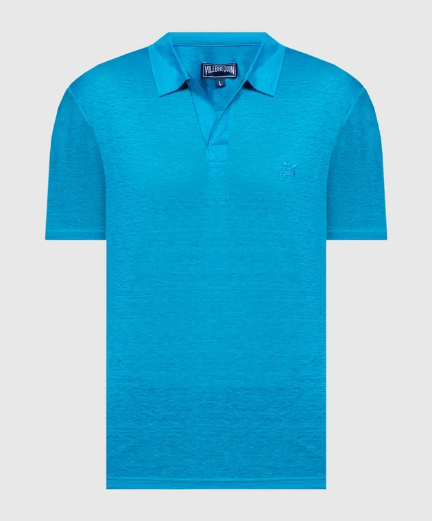 VILEBREQUIN BLUE LINEN TSHIRT WITH LOGO EMBROIDERY