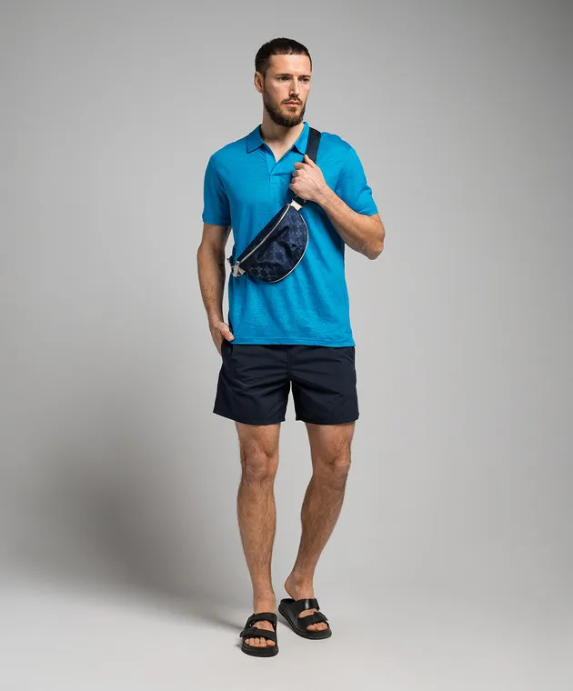 VILEBREQUIN BLUE LINEN TSHIRT WITH LOGO EMBROIDERY
