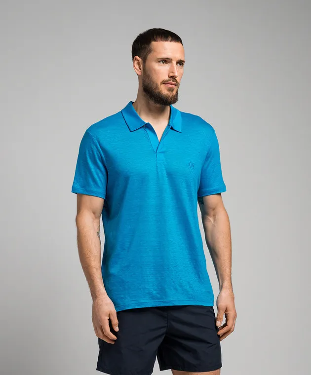 VILEBREQUIN BLUE LINEN TSHIRT WITH LOGO EMBROIDERY