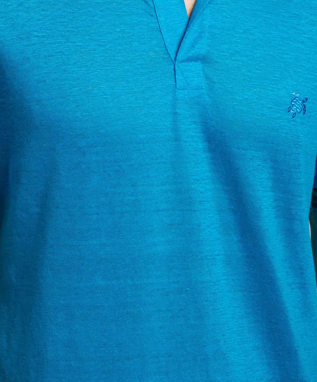 VILEBREQUIN BLUE LINEN TSHIRT WITH LOGO EMBROIDERY