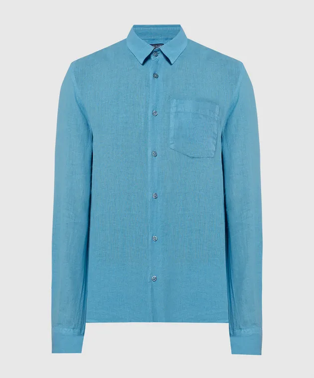 Vilebrequin Caroubis blue linen shirt with logo emblem embroidery