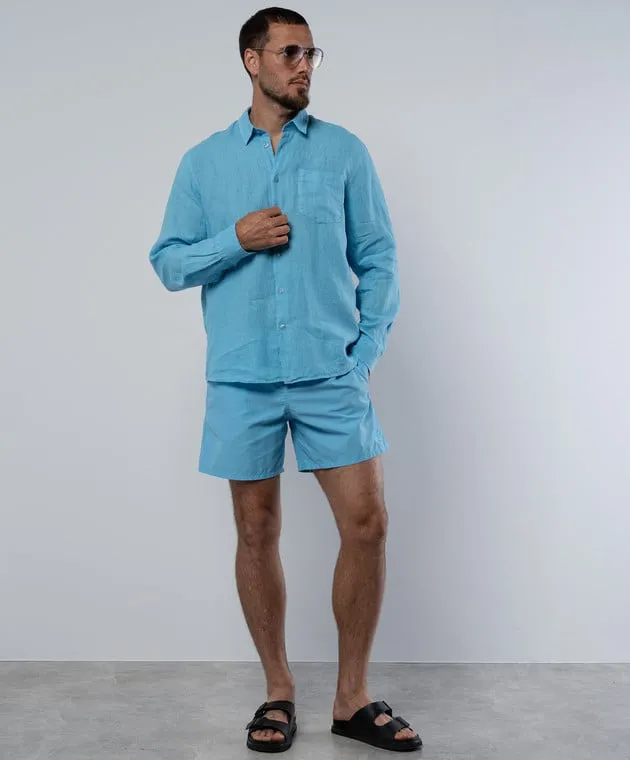 Vilebrequin Caroubis blue linen shirt with logo emblem embroidery
