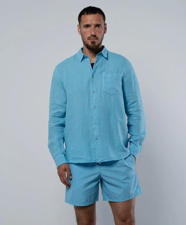 Vilebrequin Caroubis blue linen shirt with logo emblem embroidery