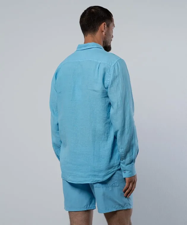 Vilebrequin Caroubis blue linen shirt with logo emblem embroidery