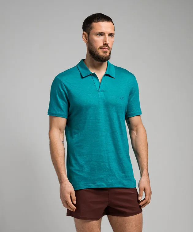 VILEBREQUIN GREEN LINEN TSHIRT WITH LOGO EMBROIDERY
