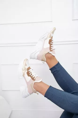 Zapatillas Mujer Combinada Plataforma Moda Negro Blanco Rosa